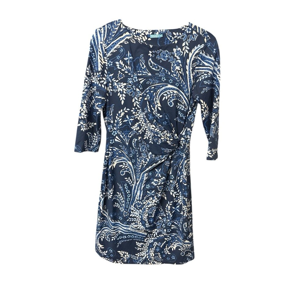 J. McLaughlin Medium Blue Floral Wrap Gathered 3/4 Sleeve Sheath Dress Career